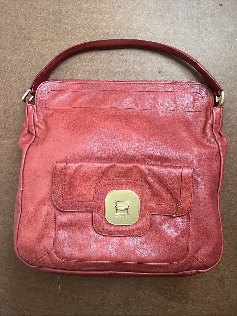 Longchamp Gatsby Coral Red Leather Shoulder Bag with Gold Hardware